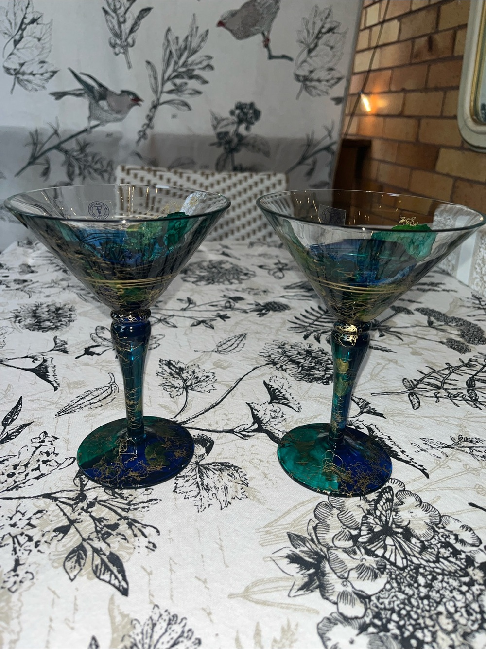 Pair of Handcrafted Teal and Blue with gold Martini Glasses made in Romania
